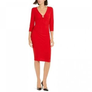 INC Red Ring Hardware Ruched Midi Dress Size Small